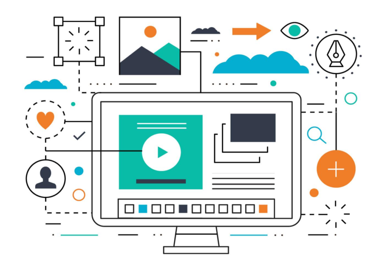 Content marketing illustration showing digital media elements around a computer screen